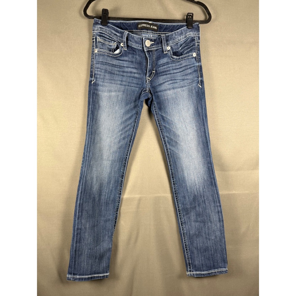 Express Jeans Stella Low Rise Skinny Women 4s Blue Medium Wash Contrast Stitch